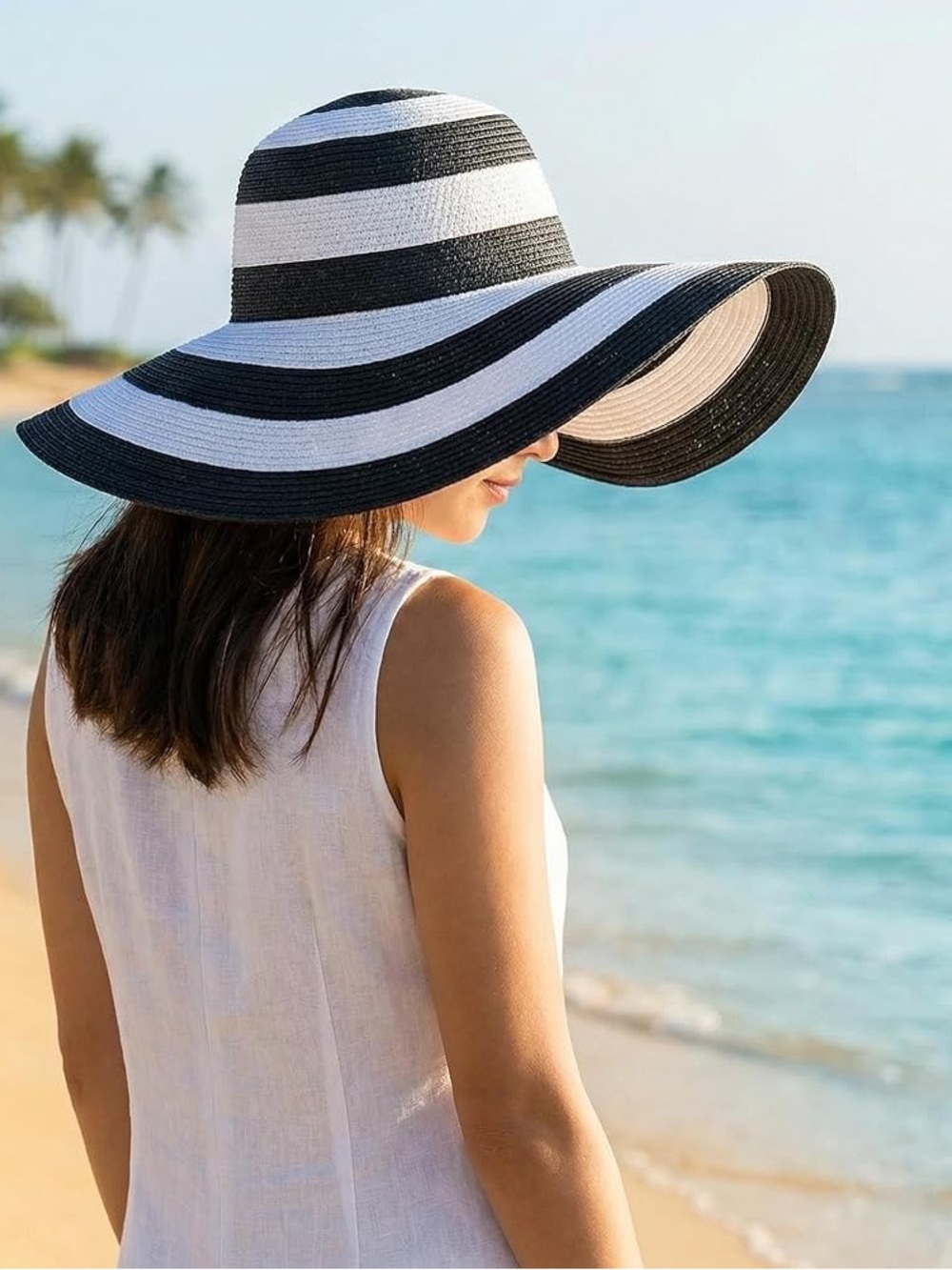 Black and White Wide-Brim Straw Sun Hat